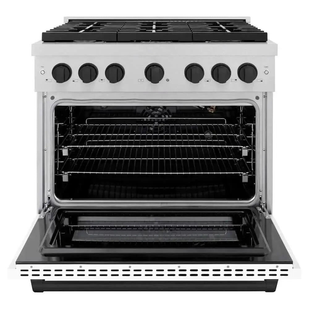 ZLINE 36"Gas Range, Convection Gas Oven, DuraSnow® White Matte, Matte Black SGRSZ-WM-36-MB by Farmhouse Kitchen and Bath