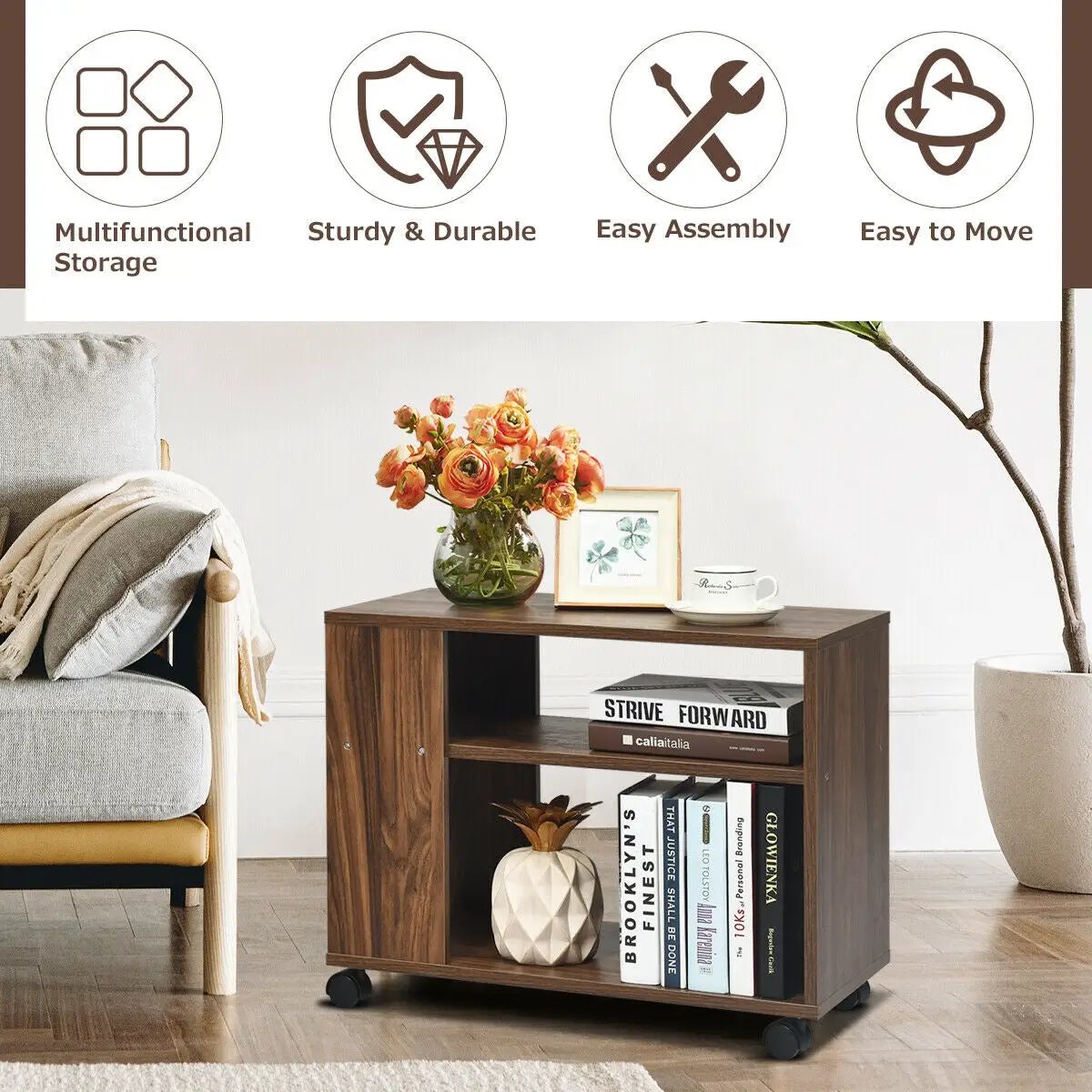 Multifunctional 3-Tier Side Table with Wheels and Large Storage Shelf by DirectDeals