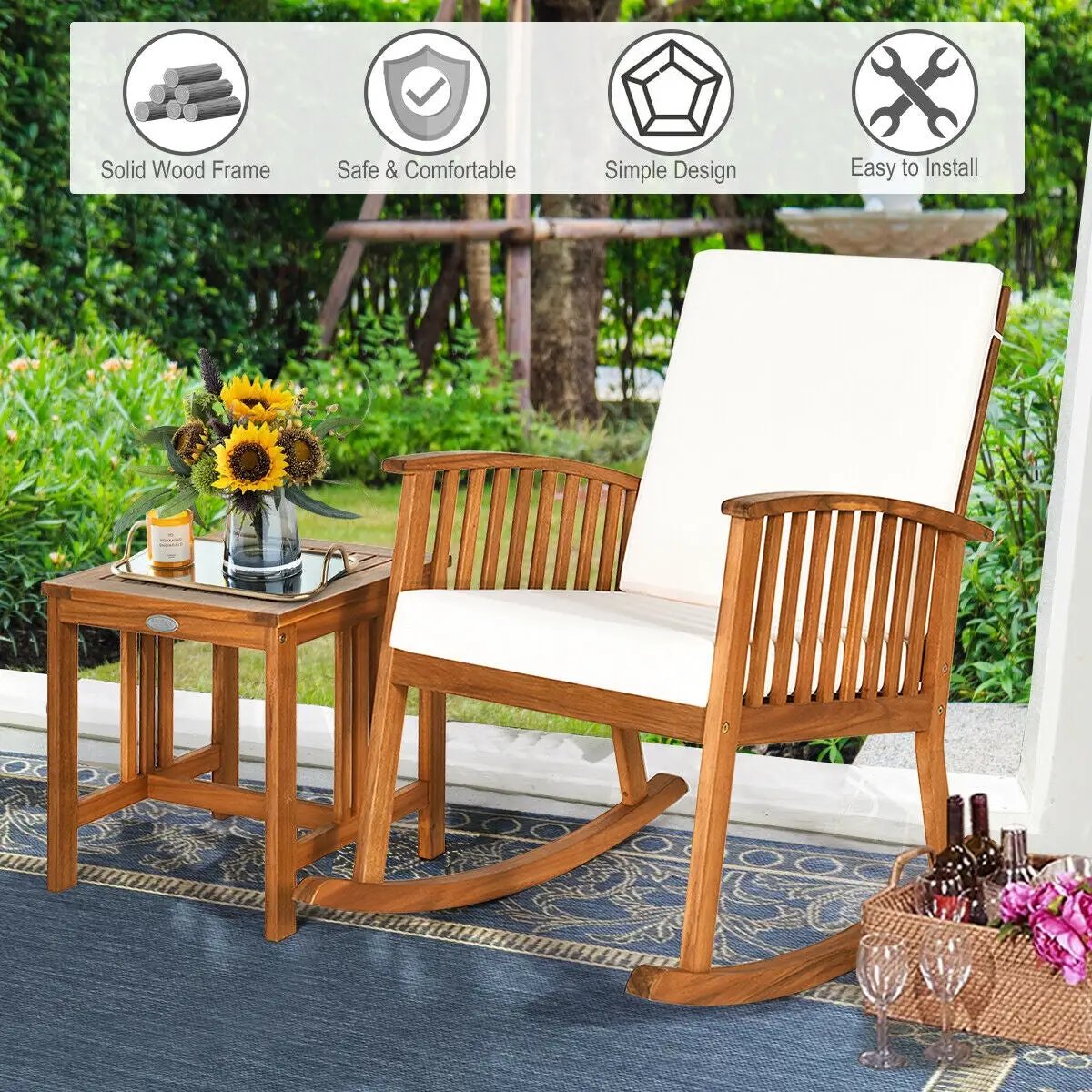 2 Pieces Acacia Wood Patio Rocking Chair Table Set by DirectDeals