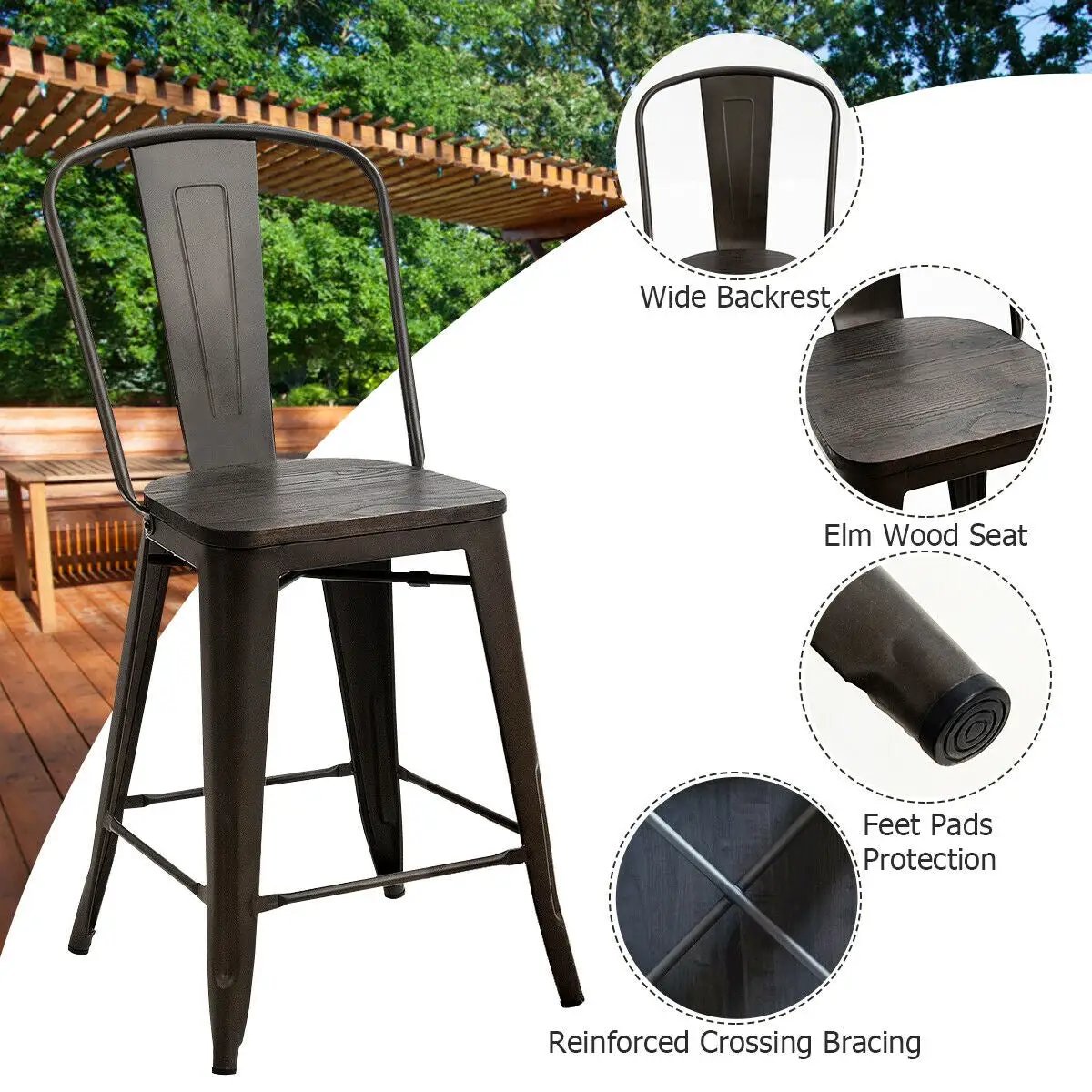 Set of 4 Industrial Metal Counter Stool Dining Chairs with Removable Backrests by DirectDeals