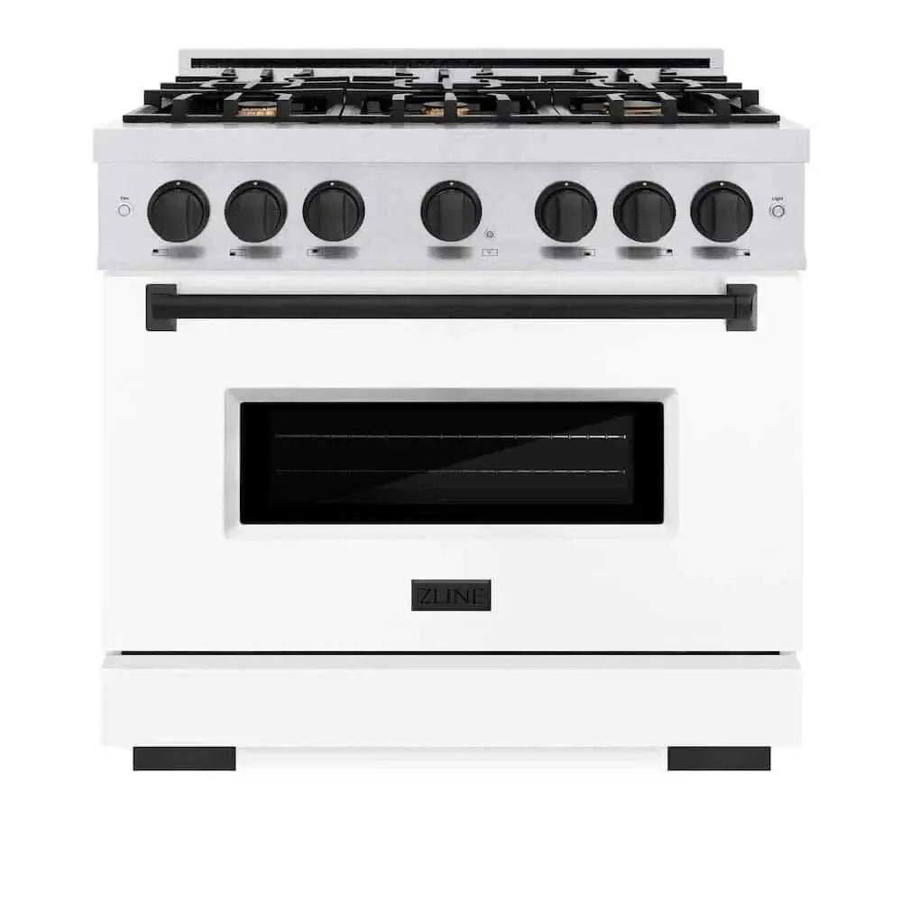 ZLINE 36" Dual Fuel Range, Gas Cooktop, Electric Convection Oven DuraSnow® Stainless Steel, White Matte Door Matte Black CDRSZ-WM-36-MB by Farmhouse Kitchen and Bath