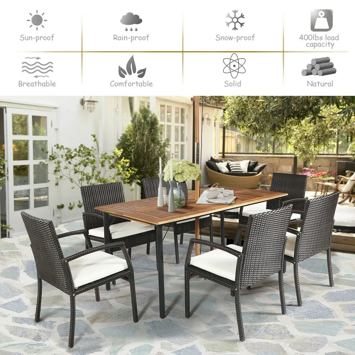 7Pcs Patio Rattan Cushioned Dining Set with Umbrella Hole by DirectDeals