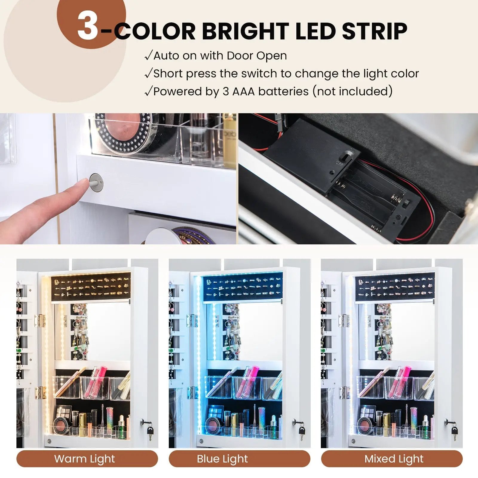 Wall Mounted Jewelry Cabinet with 3-Color Lights by DirectDeals