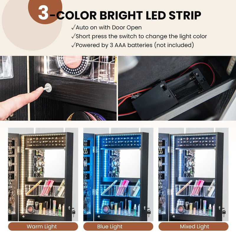 Wall Mounted Jewelry Cabinet with 3-Color Lights by DirectDeals