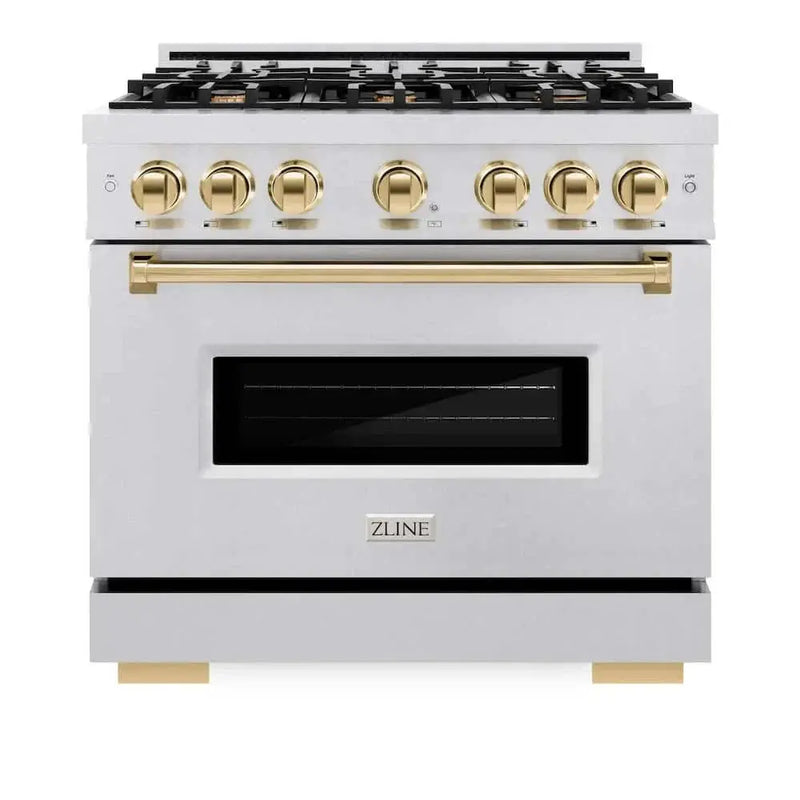 ZLINE 36" Classic Gas Range, Convection Gas Oven DuraSnow® Stainless Steel, Gold CGRSZ-36-G by Farmhouse Kitchen and Bath