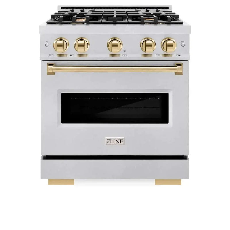 ZLINE 30" Dual Fuel Range, Gas Cooktop, Electric Convection Oven DuraSnow® Stainless Steel, Gold CDRSZ-30-G by Farmhouse Kitchen and Bath