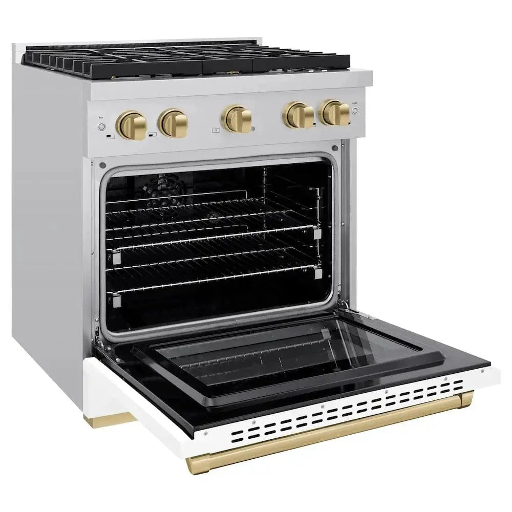 ZLINE 30"Paramount Dual Fuel Range White Matte Champagne Bronze SDRZ-WM-30-CB by Farmhouse Kitchen and Bath