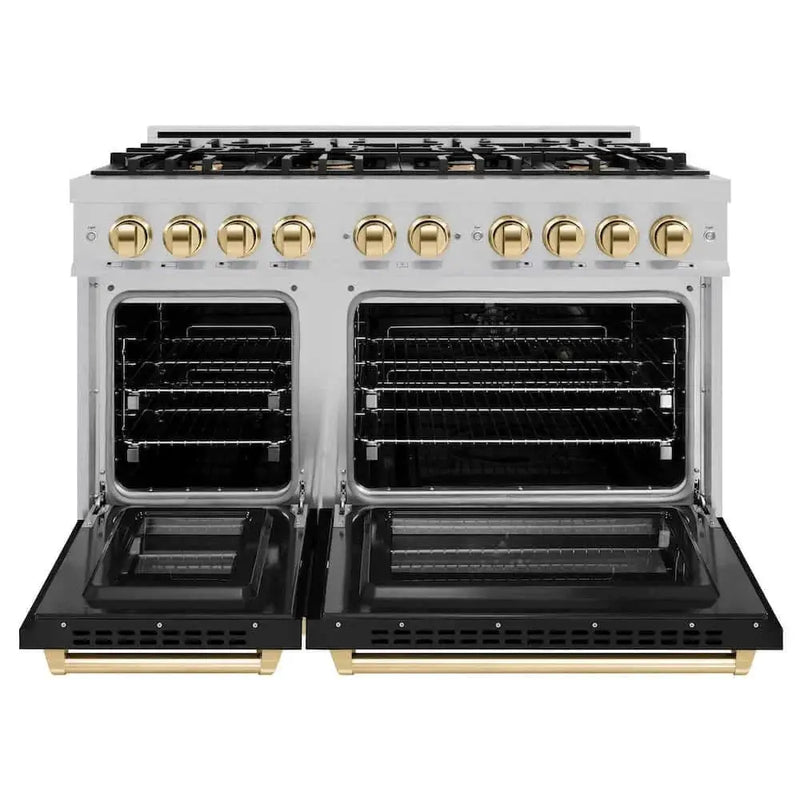 ZLINE 48" Select Dual Fuel Range Gas Cooktop Electric Convection Oven DuraSnow® Stainless Steel Black Matte Door Gold HDRSZ-BLM-48-G by Farmhouse Kitchen and Bath