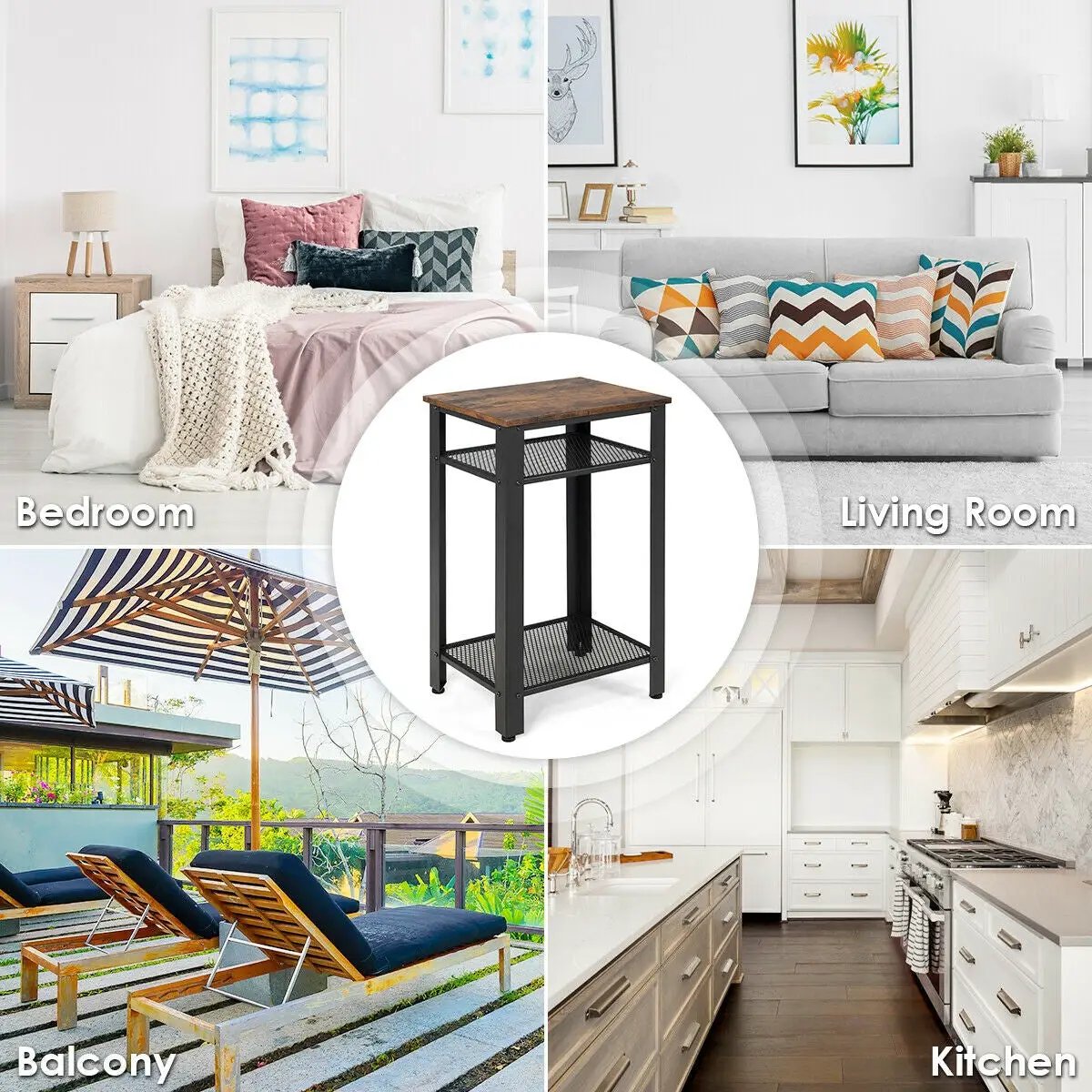 3-Tier Industrial End Table with Metal Mesh Storage Shelves by DirectDeals