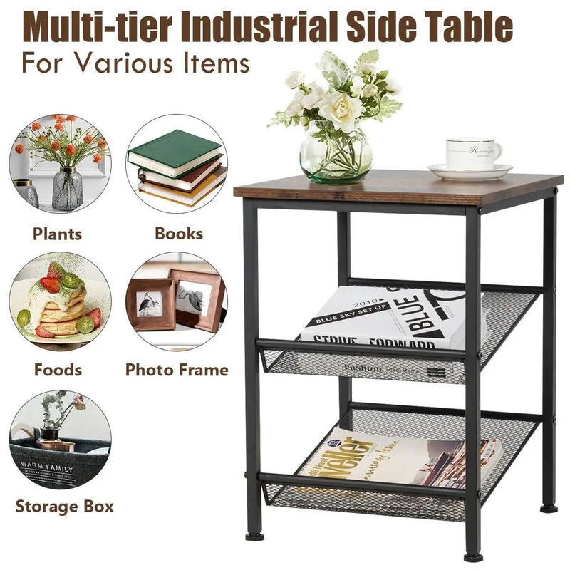 3-Tier Industrial End Table with Mesh Shelves and Adjustable Shelves by DirectDeals