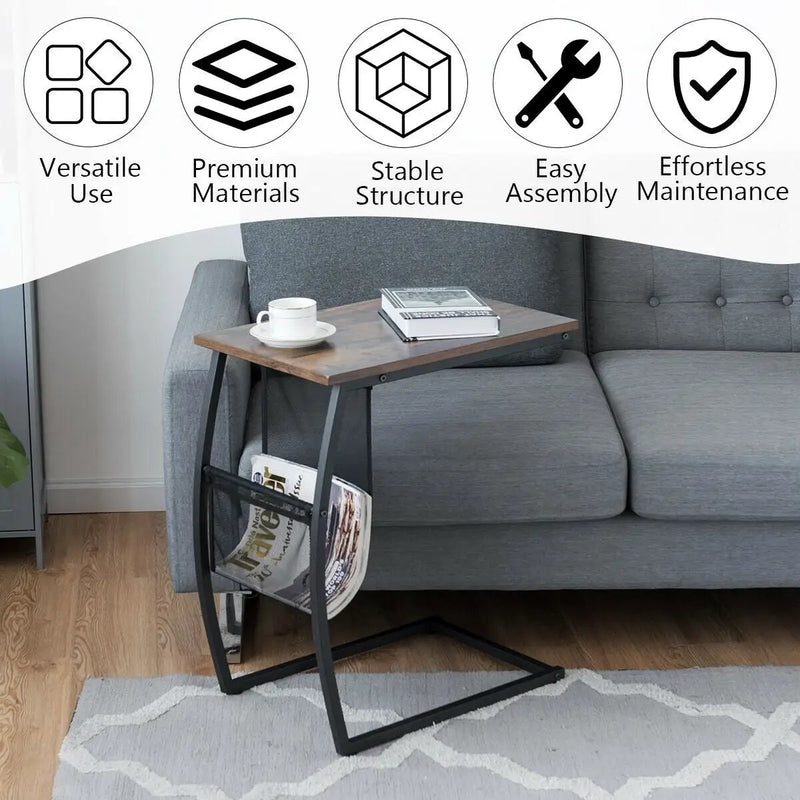 C-shaped Vintage End Table with Side Pocket and Metal Frame by DirectDeals