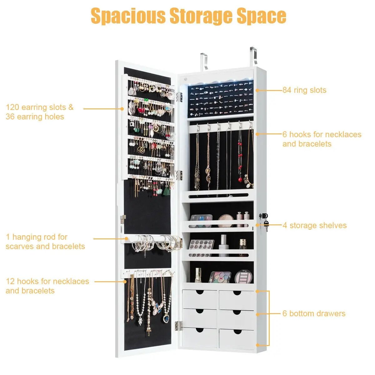 5 LEDs Lockable Mirror Jewelry Cabinet Armoire with 6 Drawers-White by DirectDeals