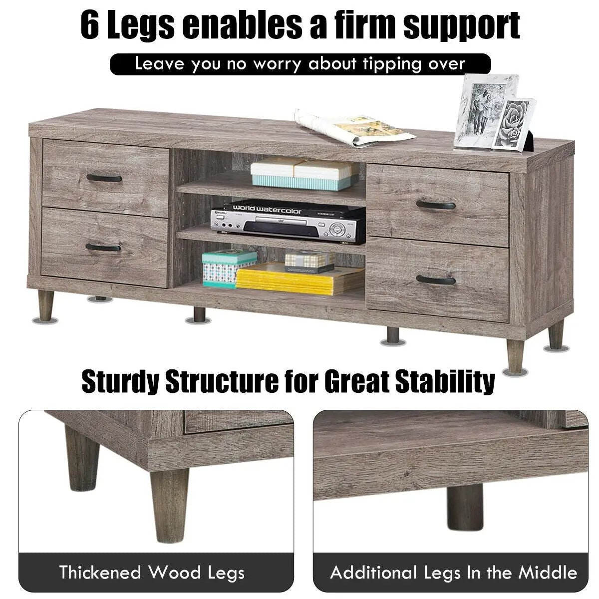 Retro Wooden TV Stand with 3 Open Shelves and 4 Drawers by DirectDeals