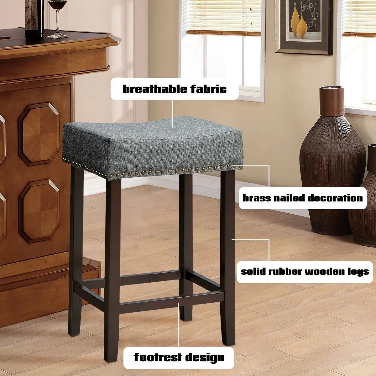 Set of 2 Nailhead Saddle Bar Stools 24 Inch Height by DirectDeals