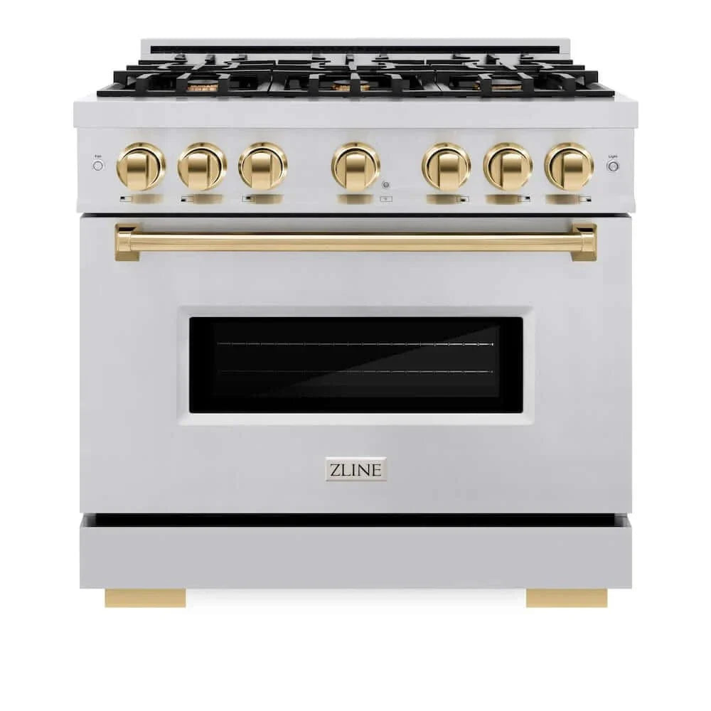 ZLINE 36" Classic Gas Range, Convection Gas Oven Stainless Steel, Gold CGRZ-36-G by Farmhouse Kitchen and Bath