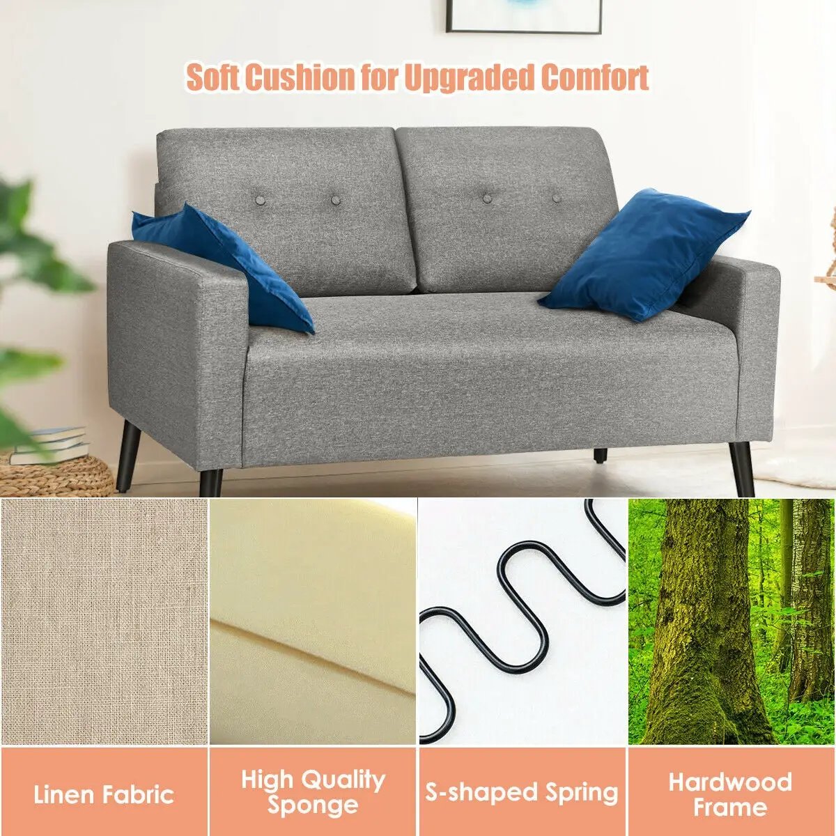 55 Inch Modern Loveseat Sofa with Cloth Cushion-Gray by DirectDeals