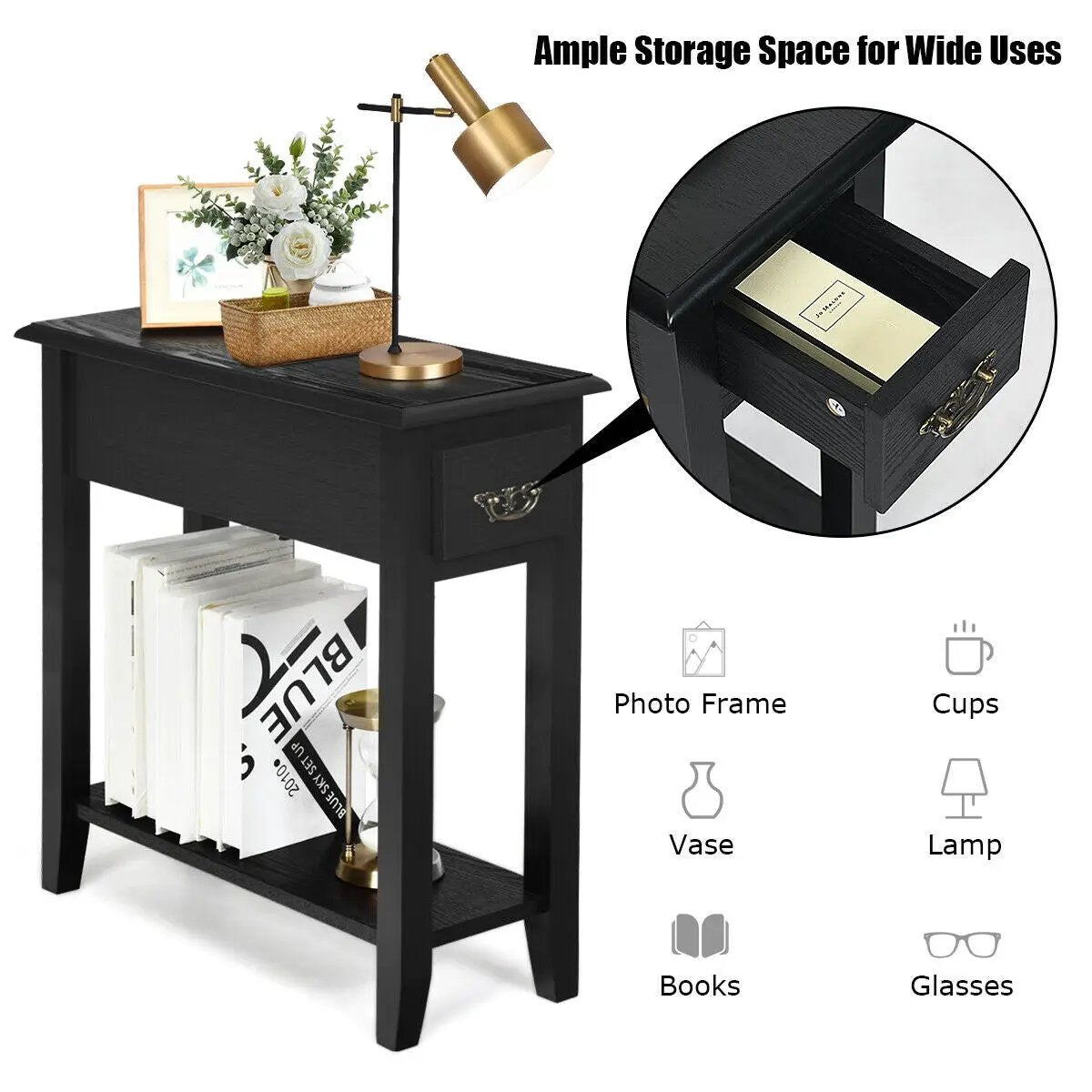 End Table Bedside Sofa End Table Narrow Nightstand with Wooden Legs by DirectDeals