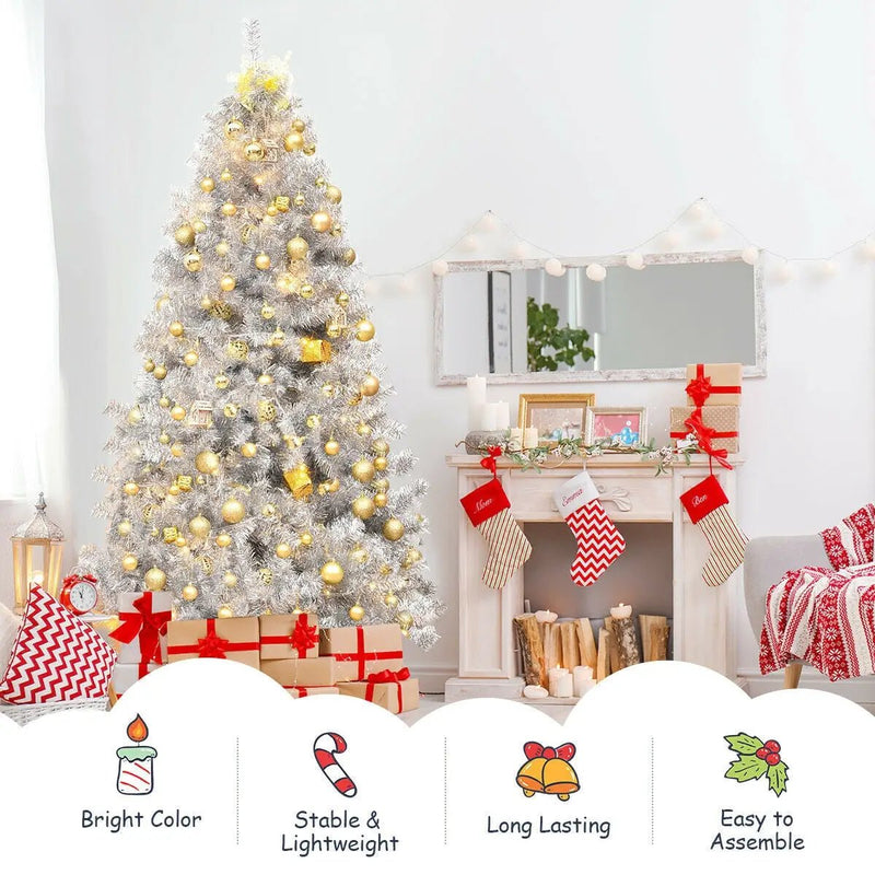 7.5 Ft Hinged Unlit Artificial Silver Tinsel Christmas Tree by DirectDeals