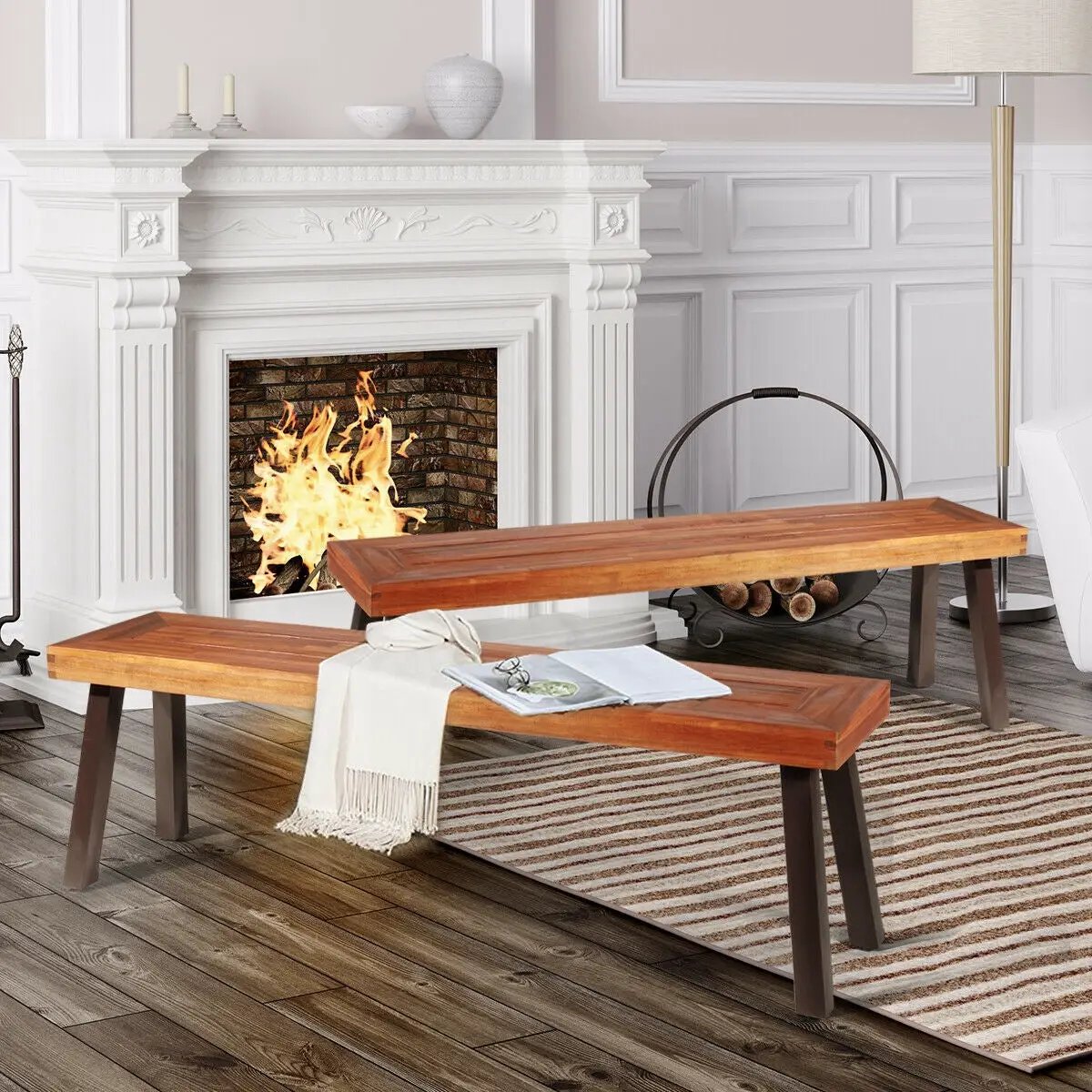 Set of 2 Patio Acacia Wood Dining Benches by DirectDeals