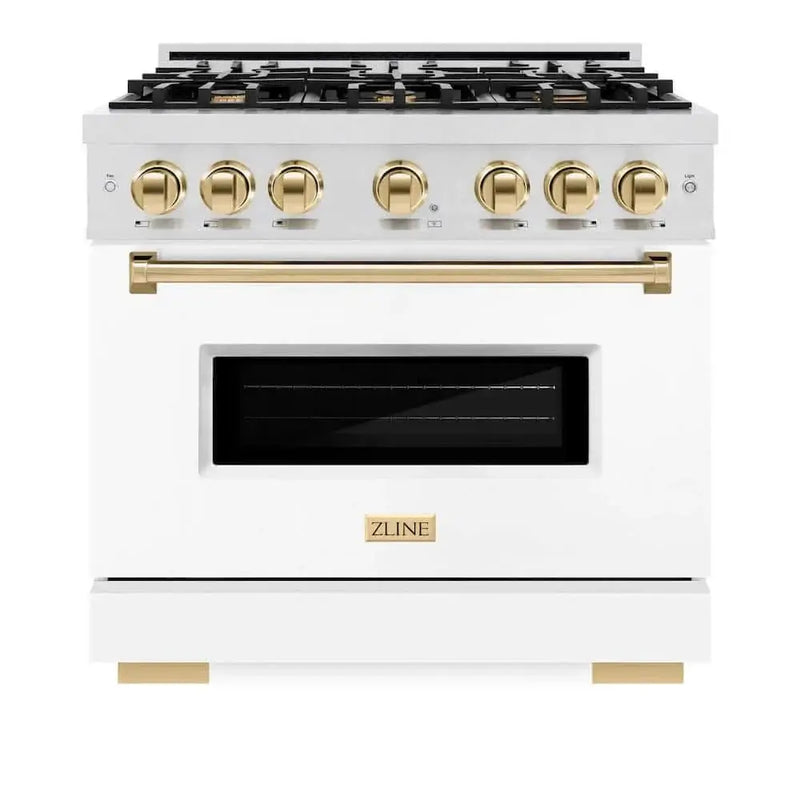 ZLINE 36" Dual Fuel Range, Gas Cooktop, Electric Convection Oven DuraSnow® Stainless Steel, White Matte Door Polished Gold CDRSZ-WM-36-G by Farmhouse Kitchen and Bath