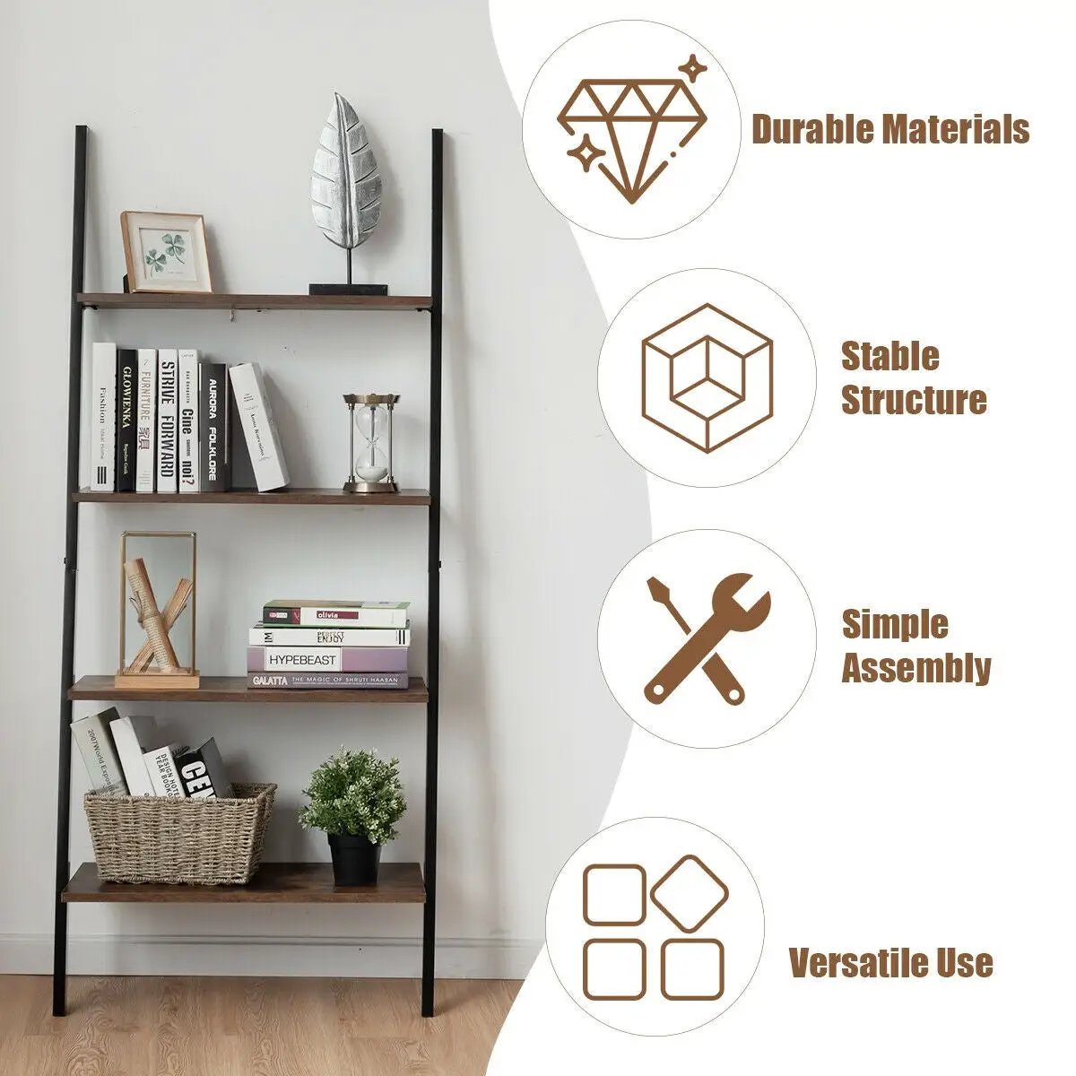 Multipurpose 4-Tier Industrial Leaning Wall Bookcase with Metal Frame by DirectDeals