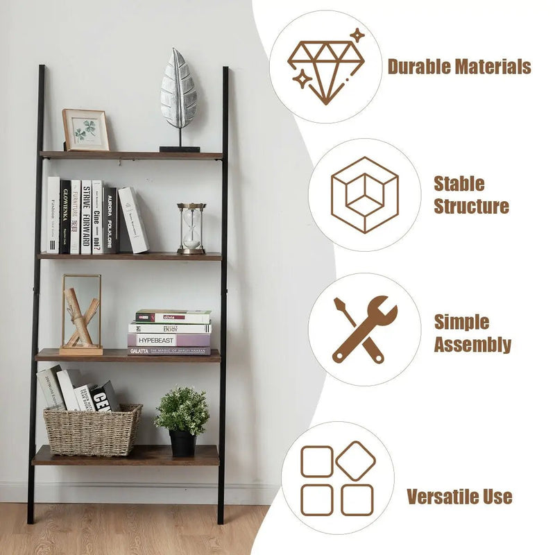 Multipurpose 4-Tier Industrial Leaning Wall Bookcase with Metal Frame by DirectDeals