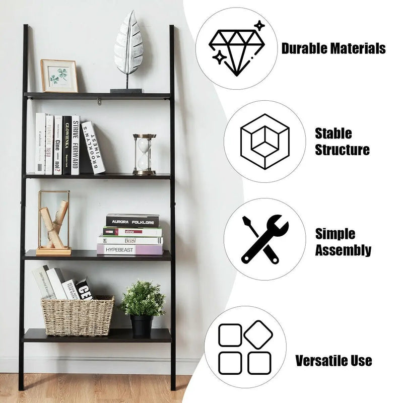 Multipurpose 4-Tier Industrial Leaning Wall Bookcase with Metal Frame by DirectDeals