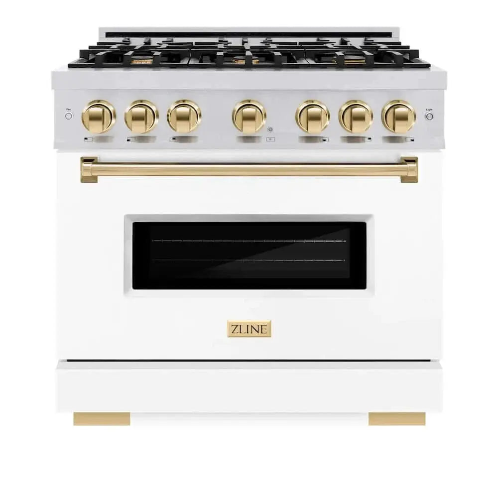 ZLINE 36" Dual Fuel Range, Gas Cooktop, Electric Convection Oven Stainless Steel, Matte White Door Polished Gold CDRZ-WM-36-G by Farmhouse Kitchen and Bath