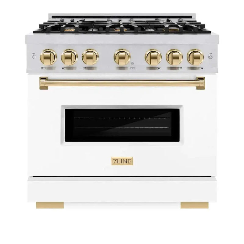ZLINE 36" Dual Fuel Range, Gas Cooktop, Electric Convection Oven Stainless Steel, Matte White Door Polished Gold CDRZ-WM-36-G by Farmhouse Kitchen and Bath