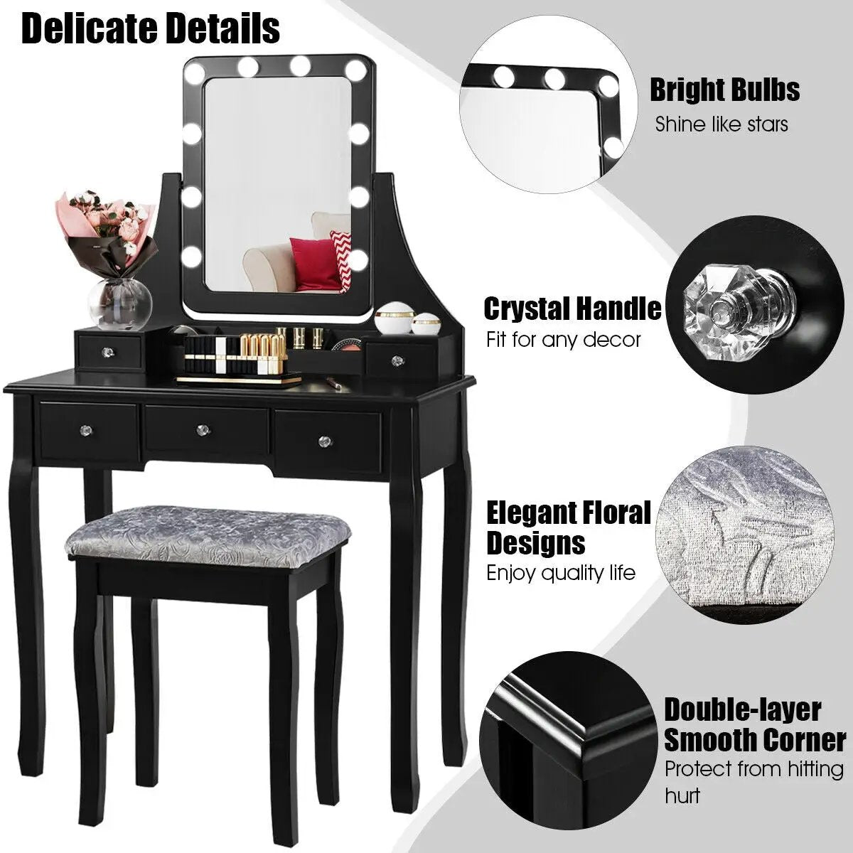 Vanity Dressing Table Set with 10 Dimmable Bulbs and Cushioned Stool by DirectDeals