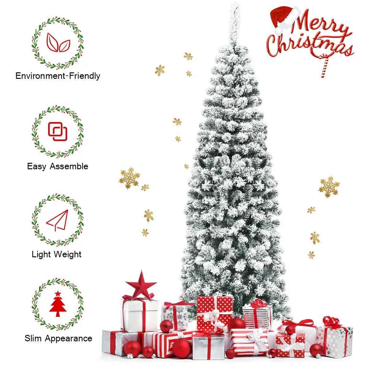 6 Feet Unlit Hinged Snow Flocked Artificial Pencil Christmas Tree with 500 Branch Tip by DirectDeals