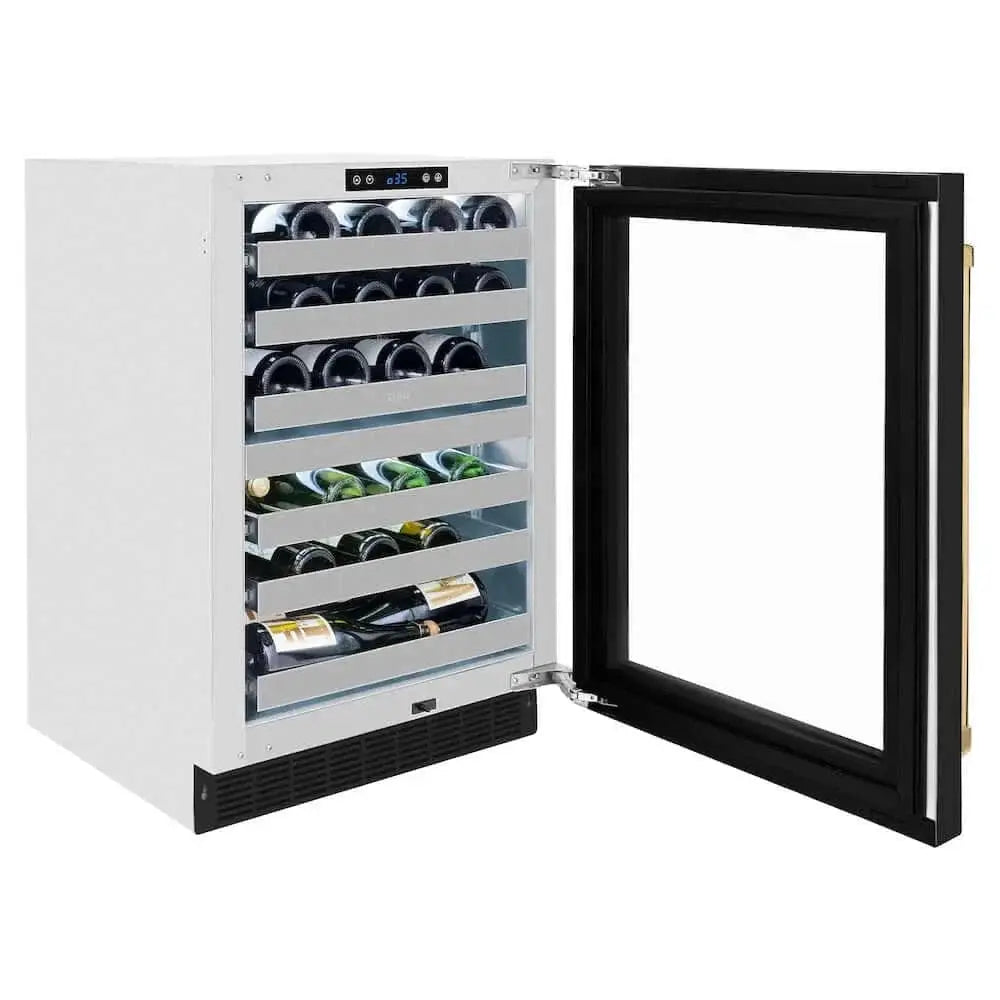 ZLINE 24" Touchstone Dual Zone 44 Bottle Wine Cooler Black Matte Glass Door Polished Gold Handle RWDOZ-BLM-24-G by Farmhouse Kitchen and Bath