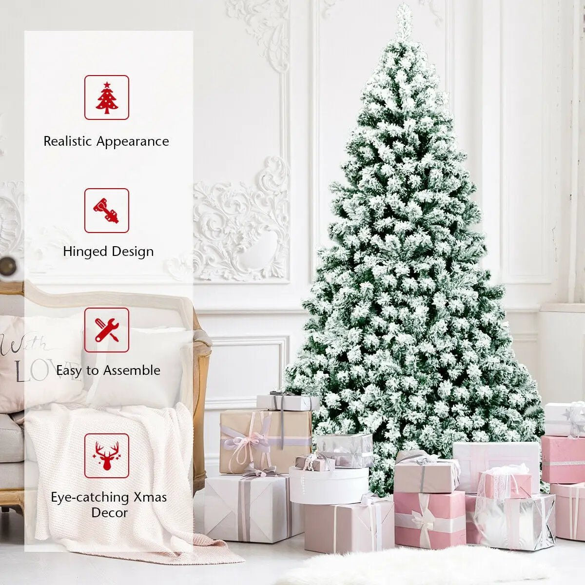7.5 Feet Pre-Lit Premium Snow Flocked Hinged Artificial Christmas Tree with 550 Lights by DirectDeals