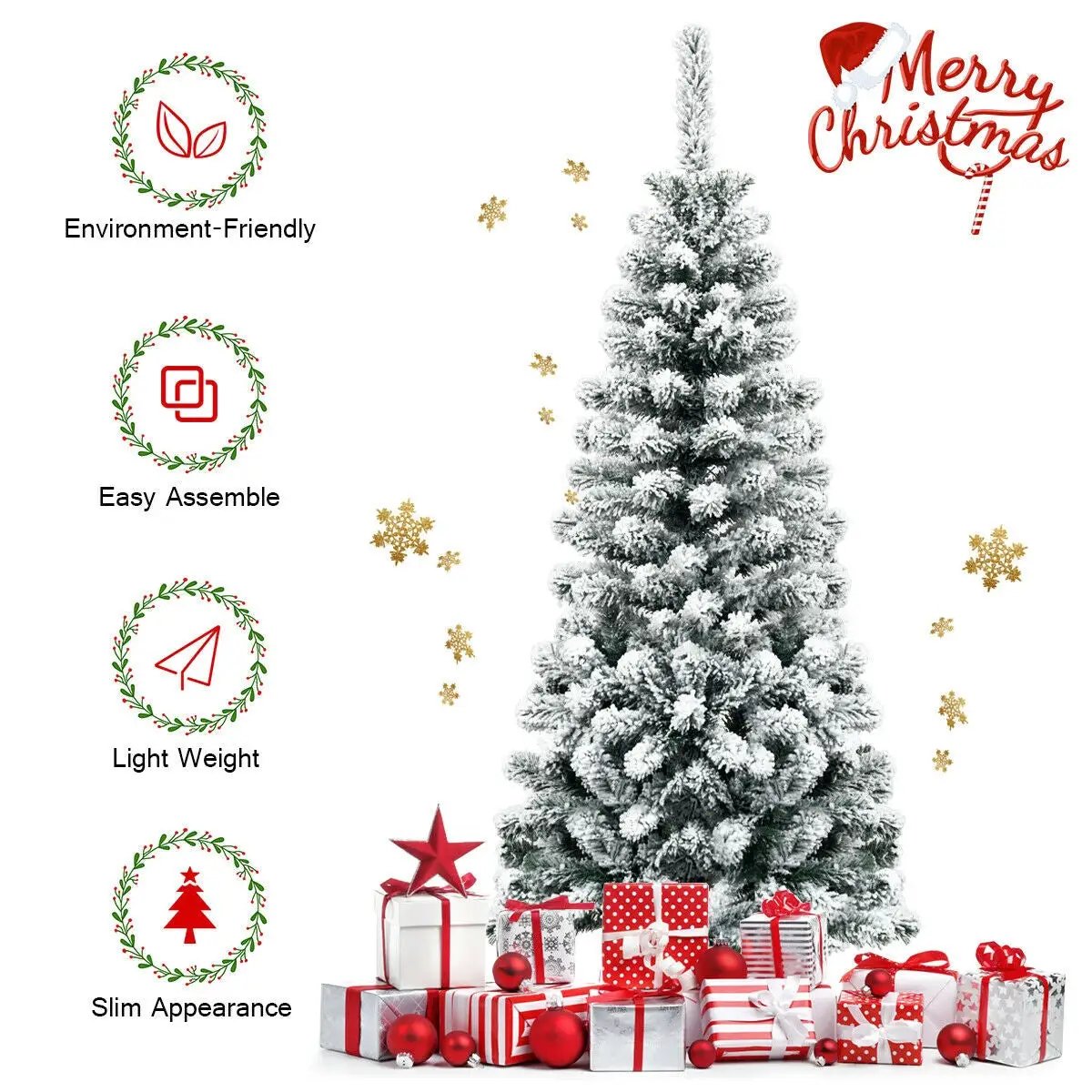 4.5 Feet Unlit Hinged Snow Flocked Artificial Pencil Christmas Tree with 242 Branch by DirectDeals