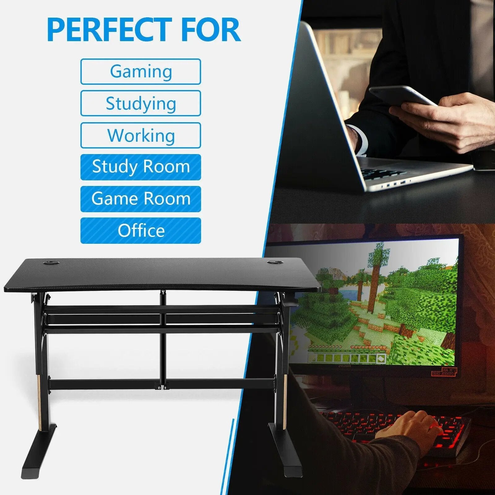 Pneumatic Height Adjustable Gaming Desk T Shaped Game Station with Power Strip Tray-Black by DirectDeals