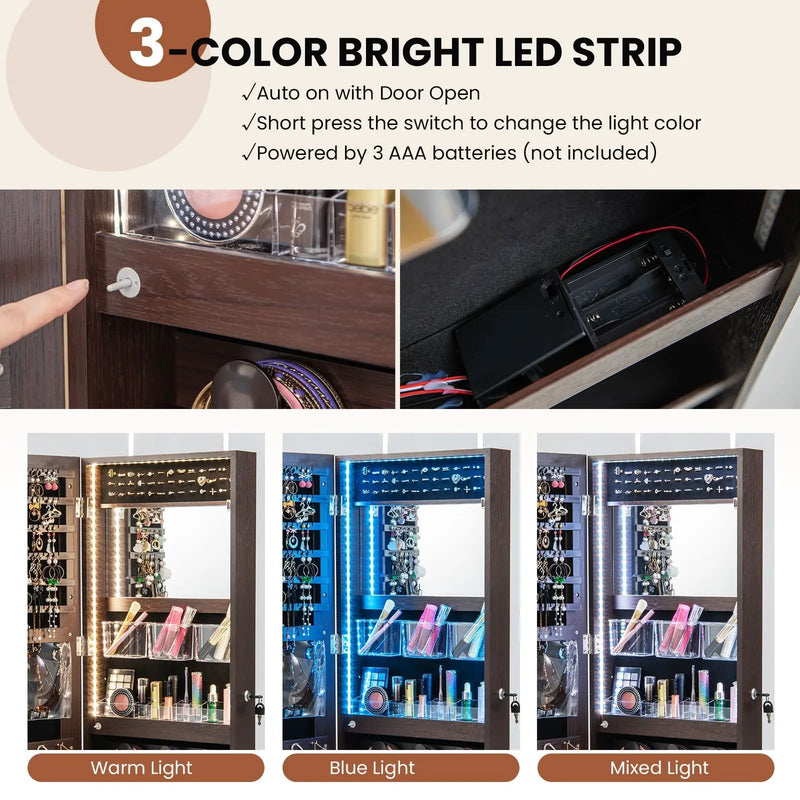 Wall Mounted Jewelry Cabinet with 3-Color Lights by DirectDeals