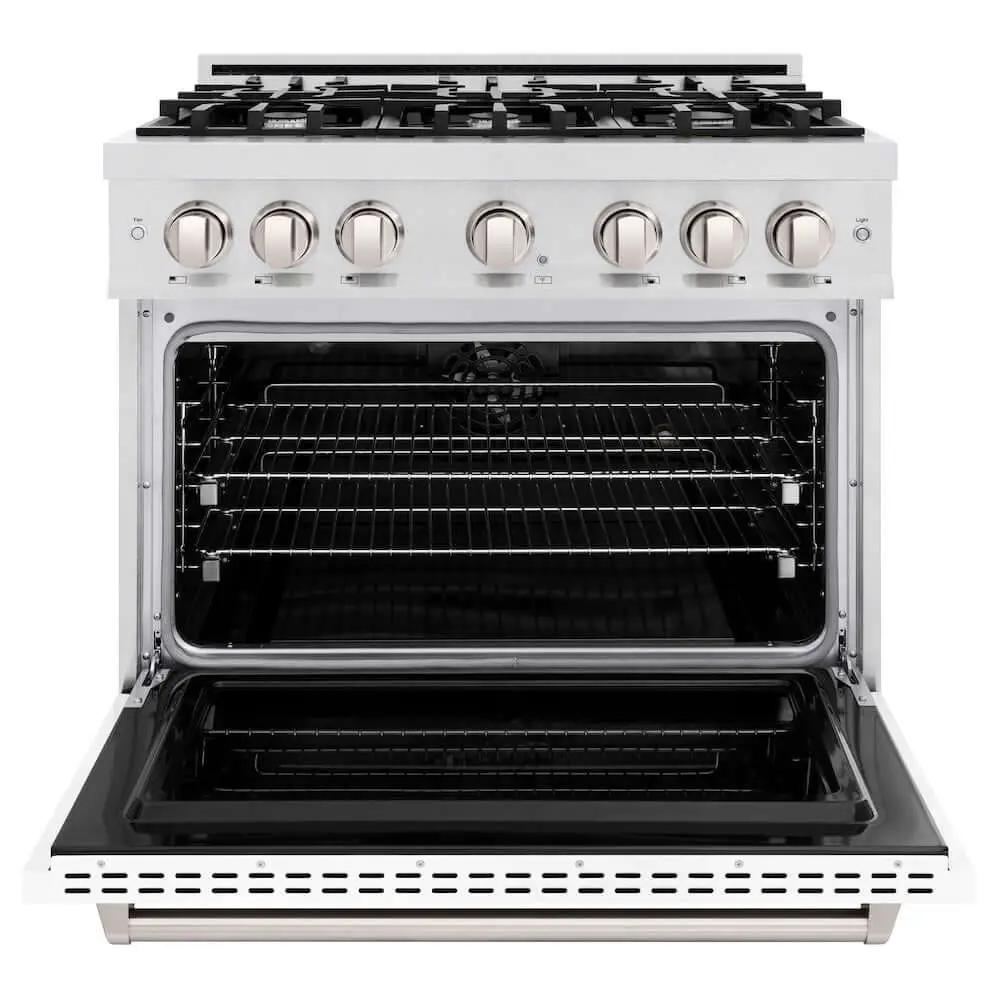 ZLINE 36" Dual Fuel Range, Gas Cooktop, Electric Convection Oven DuraSnow® Stainless Steel, White Matte Door CDRS-WM-36 by Farmhouse Kitchen and Bath