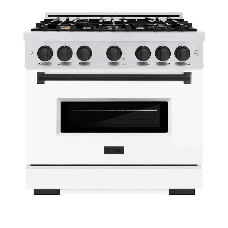 ZLINE 36"Classic Gas Range, Convection Gas Oven, DuraSnow® Stainless Steel, White Matte Door Matte Black CGRSZ-WM-36-MB by Farmhouse Kitchen and Bath