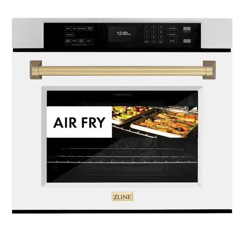ZLINE 30" Autograph Edition Professional True Convection Single Wall Oven, Air Fry, Self Clean, White Matte, Champagne Bronze WASZ-WM-30-CB by Farmhouse Kitchen and Bath