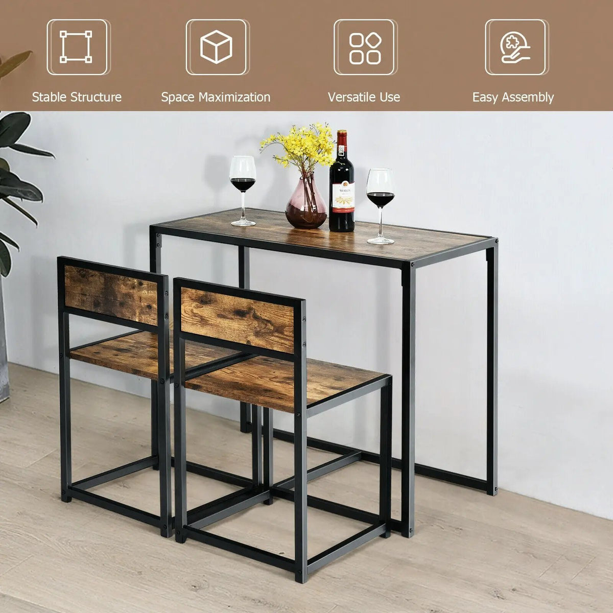 3 Pcs Dining Set Compact Table and 2 Chair with Metal Frame for for Small Space by DirectDeals