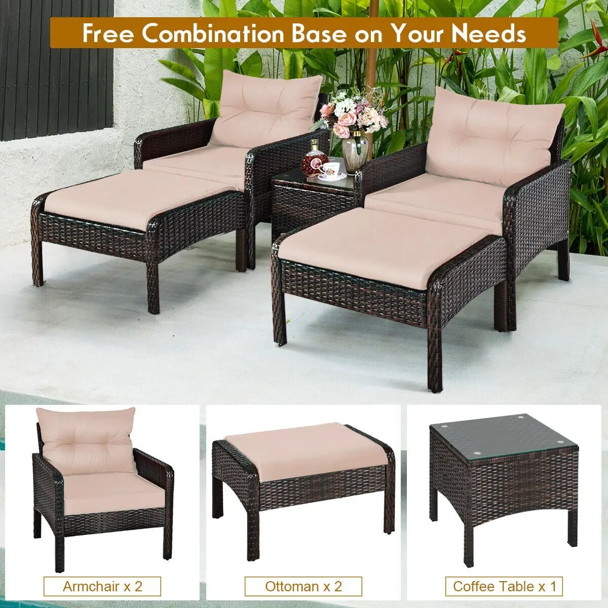 5-Piece Patio Rattan Sofa Set with Ottomans & Table by DirectDeals