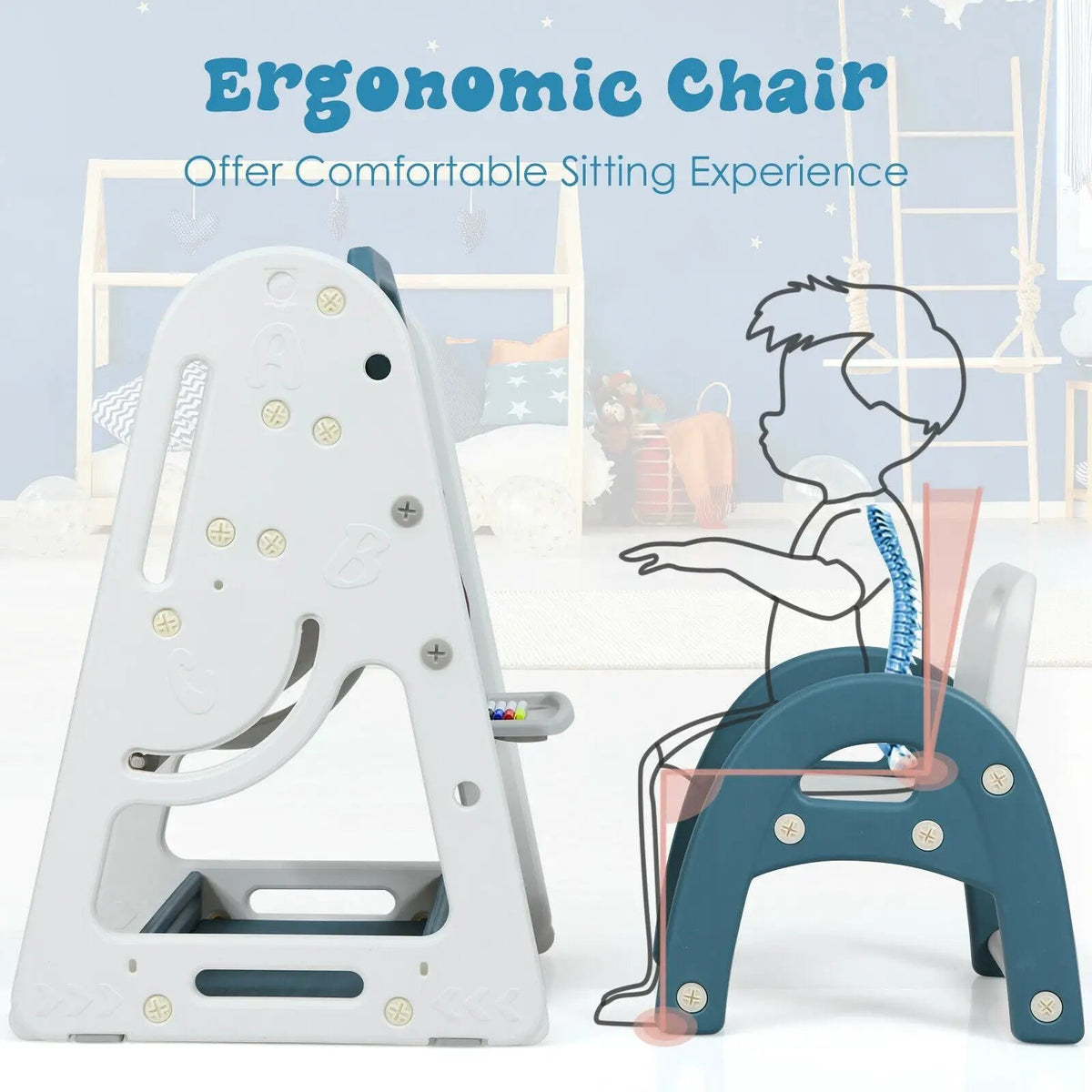 2-in-1 Kids Easel Desk Chair Set Book Rack Adjustable Art Painting Board by DirectDeals