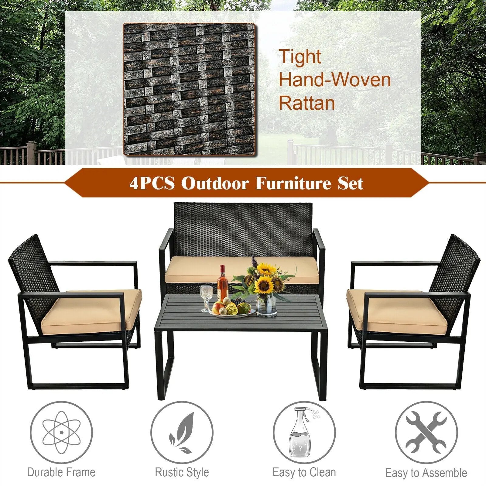 4 Pieces Patio Rattan Furniture Set with Seat Cushions and Coffee Table by DirectDeals