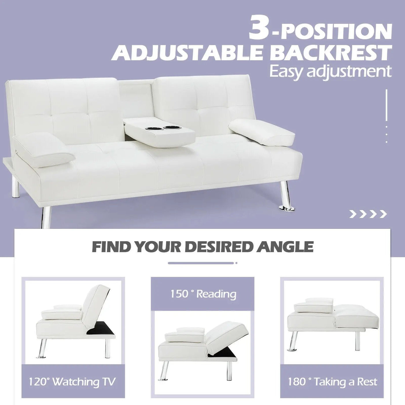 Convertible Folding Leather Futon Sofa with Cup Holders and Armrests by DirectDeals