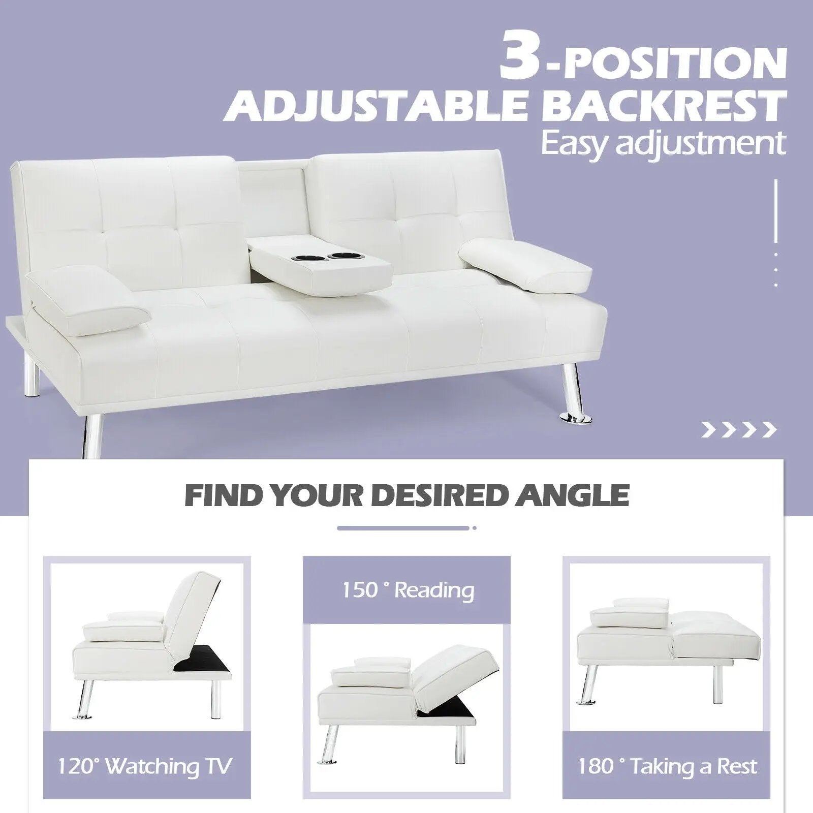 Convertible Folding Leather Futon Sofa with Cup Holders and Armrests by DirectDeals