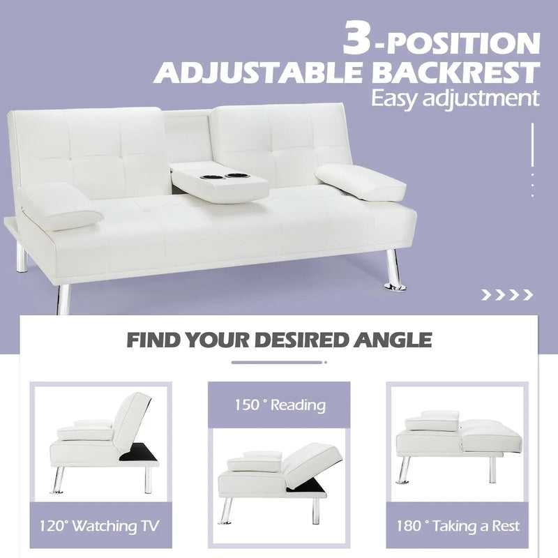 Convertible Folding Leather Futon Sofa with Cup Holders and Armrests by DirectDeals
