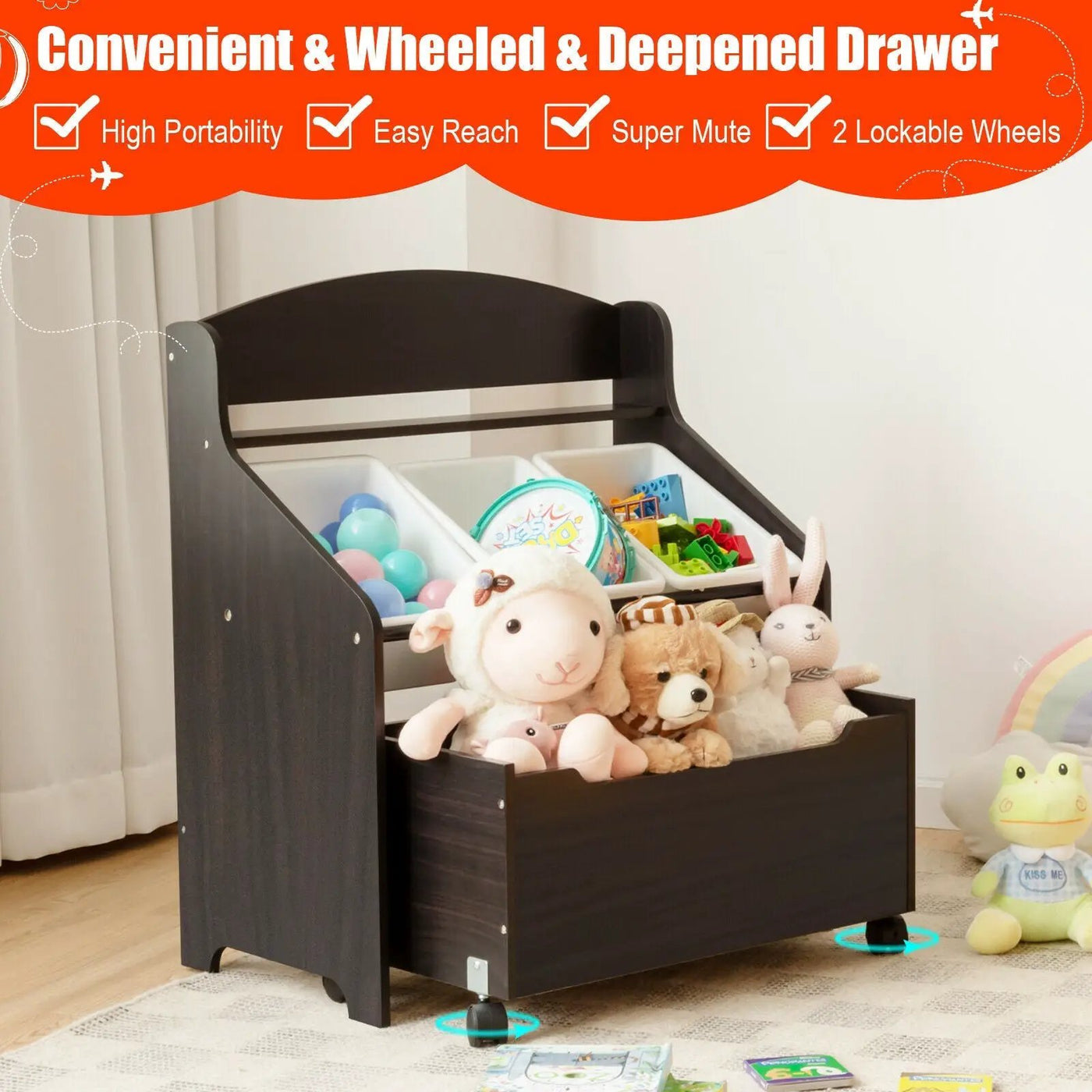 Kids Wooden Toy Storage Unit Organizer with Rolling Toy Box and Plastic Bins by DirectDeals