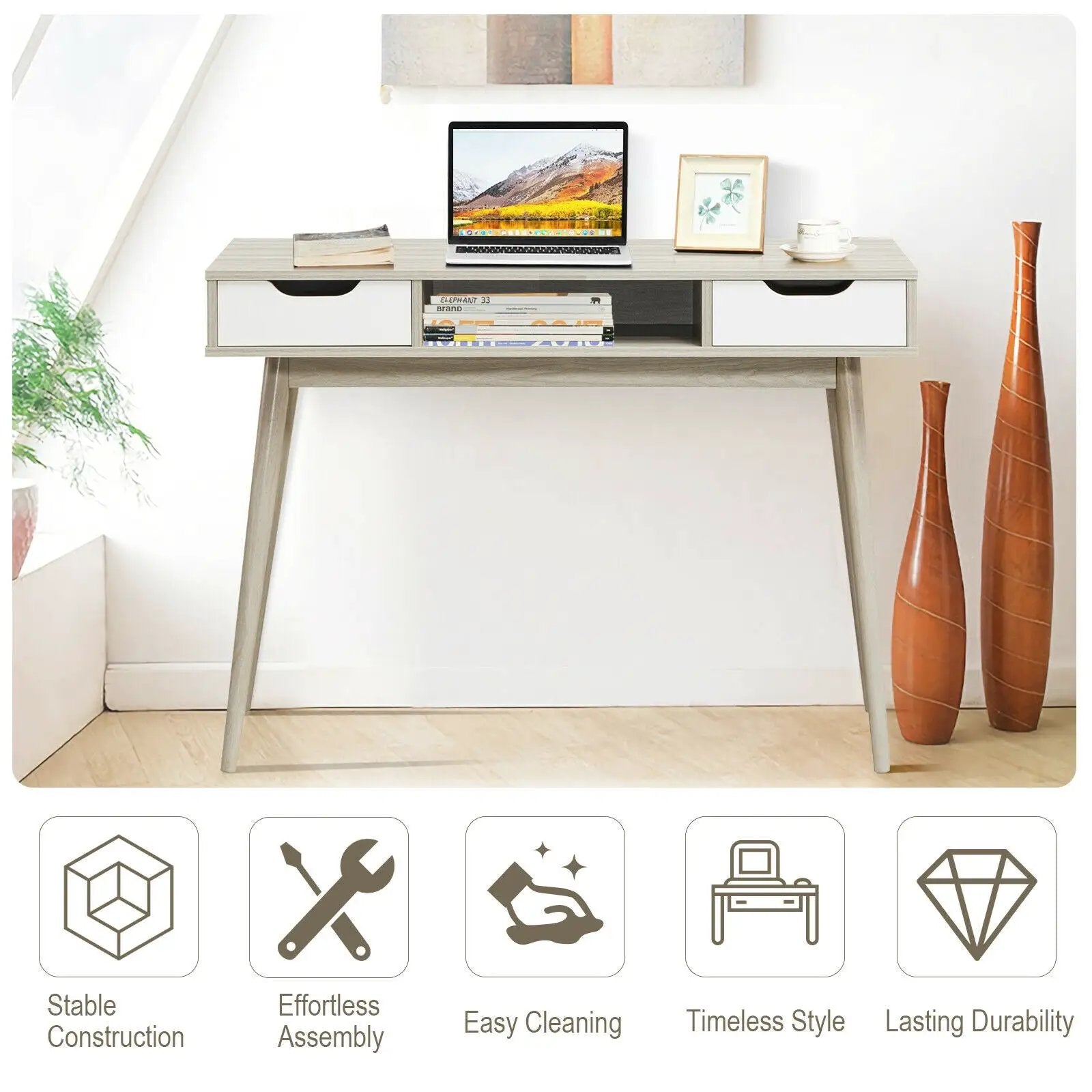 Stylish Computer Desk Workstation with 2 Drawers and Solid Wood Legs by DirectDeals