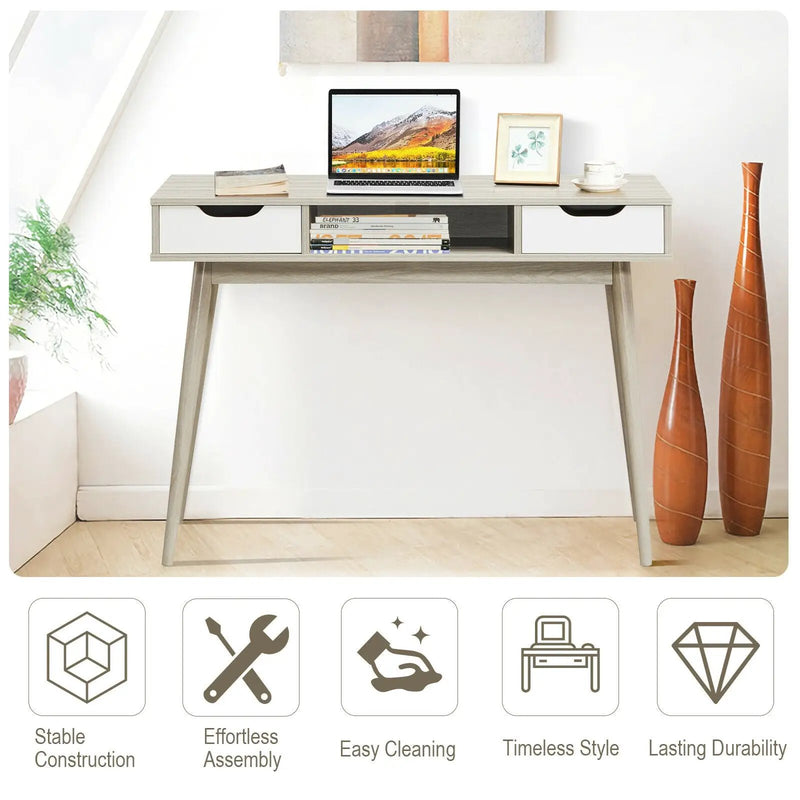 Stylish Computer Desk Workstation with 2 Drawers and Solid Wood Legs by DirectDeals