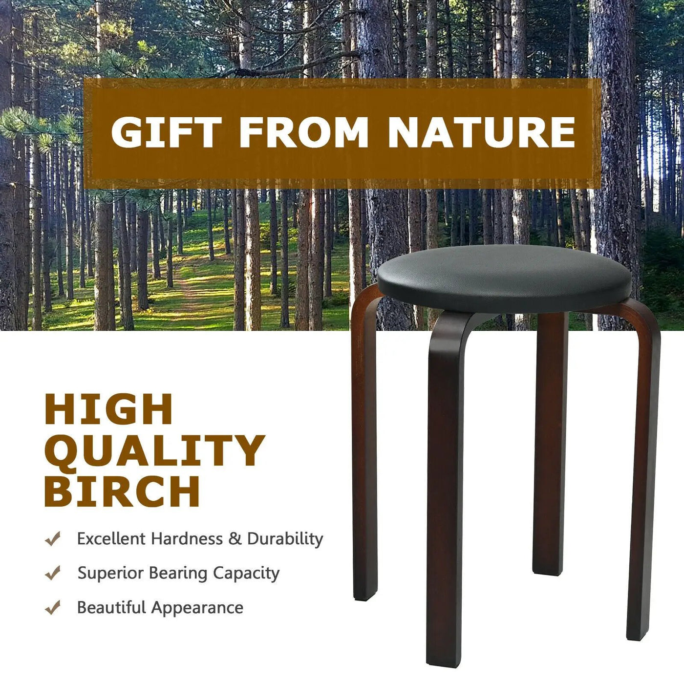 Set of 4 Bentwood Round Stool Stackable Dining Chairs with Padded Seat by DirectDeals